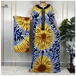 2023New Dubai Muslim Summer Fashion Short Sleeve Dress Women Cotton Loose Maxi Robe Floral Tie 염색 Femme African Abaya Clothing