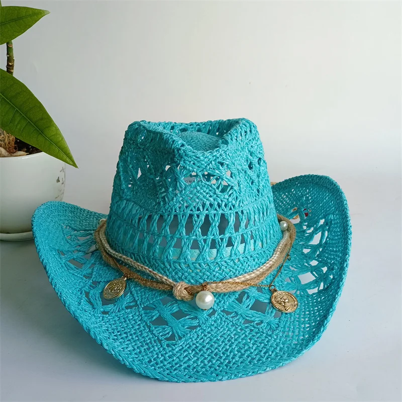 Straw Western Cowboy Hat for Women Men Classic Vintage Hollow Out Unisex Curled Wide Brim Sun Hat Fishing Hat Climbing Cap
