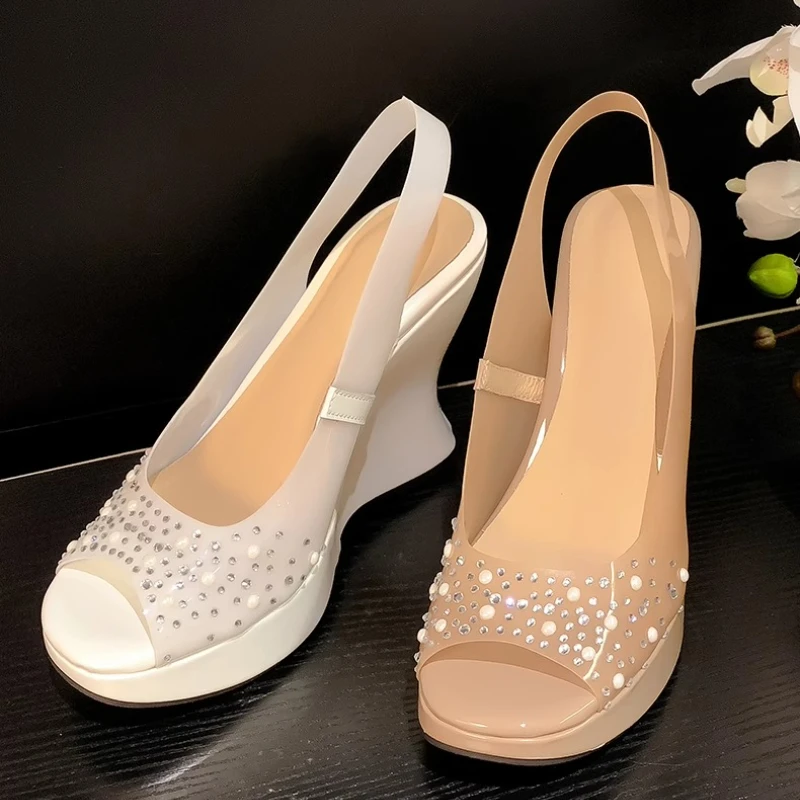 

Женские босоножки на танкетке с открытым носком, летние модные сандалии на высоком каблуке со стразами, украшенные стразами, Sandalias De Mujer Verano 2025