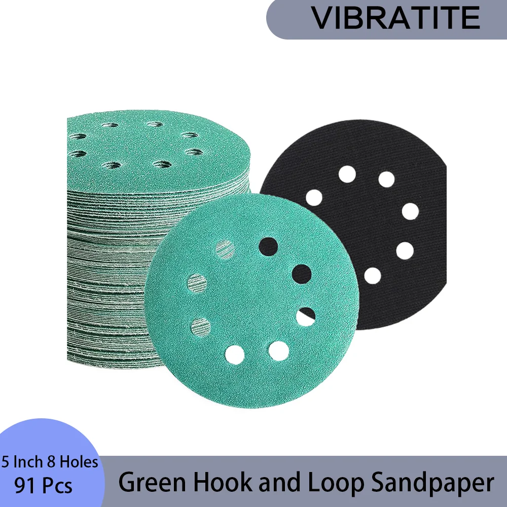 5 Inch 8 Hole Green Hook and Loop Sandpaper with Buffing Pad 91Pcs for Polishing and Sanding Wood Furniture Metal Rubber Leather