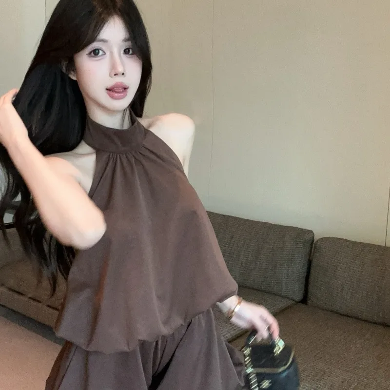

Summer 2026 Trendy American High-End Spicy Girl Neck Hanging Casual Vest Women's Fashion Set Short Sleeve One-Piece Suit