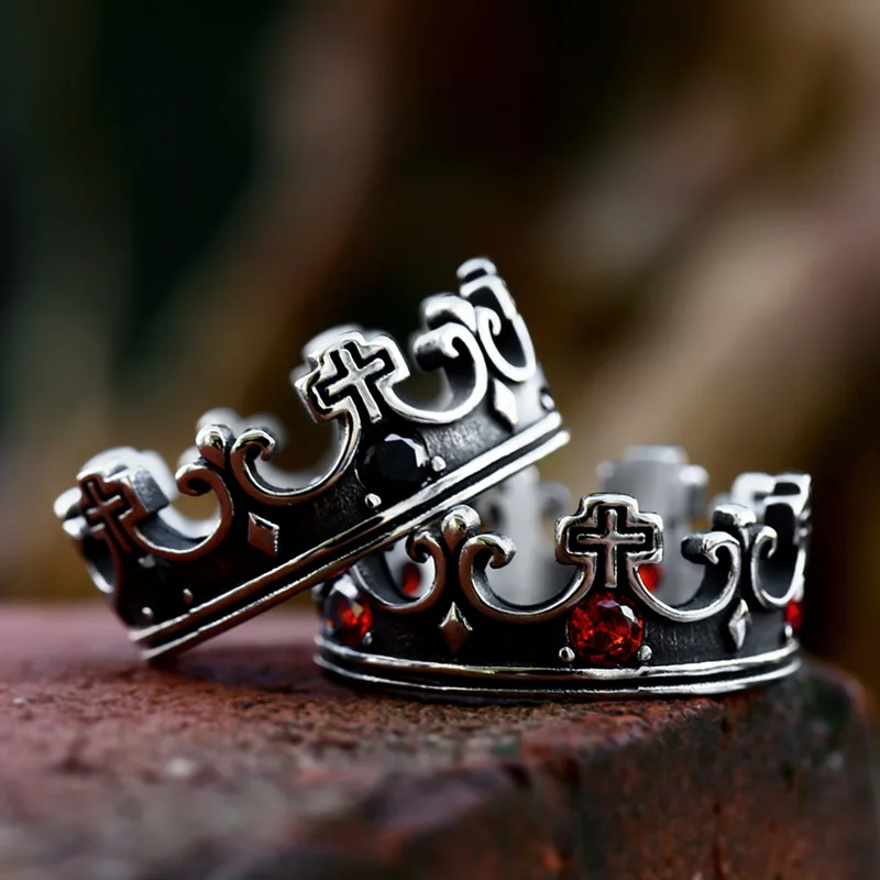 BEIER  New Vintage Northern Europe Stainless Steel crown Ring black/red colour Stone Fashion Retro Cool Jewelry BR8-1140