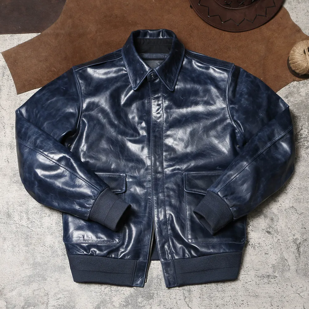 Unisex Retro Lapel A2 Genuine Leather Jacket Great Escape Style Soft Thin Waxed Denim Blue Cowhide Outerwear