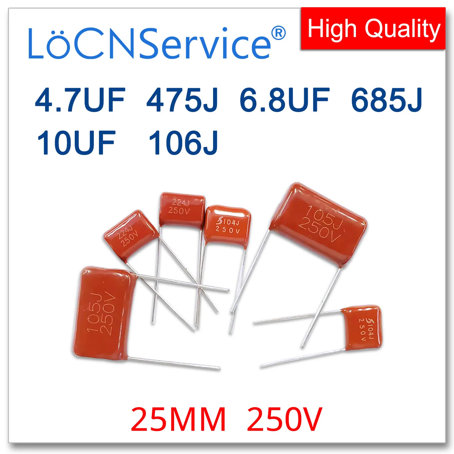 

LoCNService 100PCS 25MM 250V 4.7UF 6.8UF 10UF 475J 685J 106J CBB Polypropylene Film Capacitor High Quality 475K 685K 106K