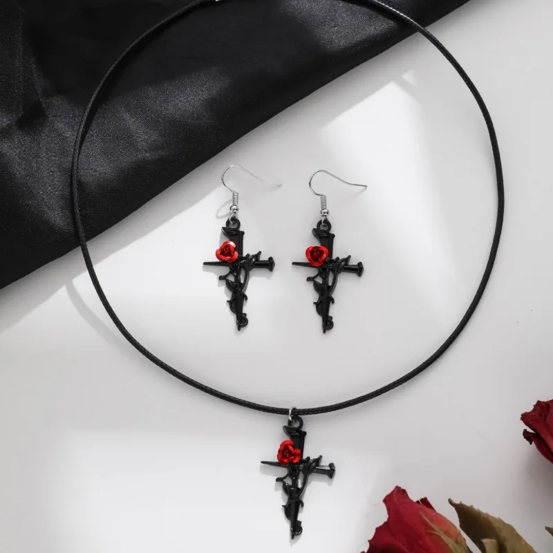 

European and American Gothic Dark Retro Thorn Rose Nail Cross Necklace Earring Set Decoration Fairy Garden