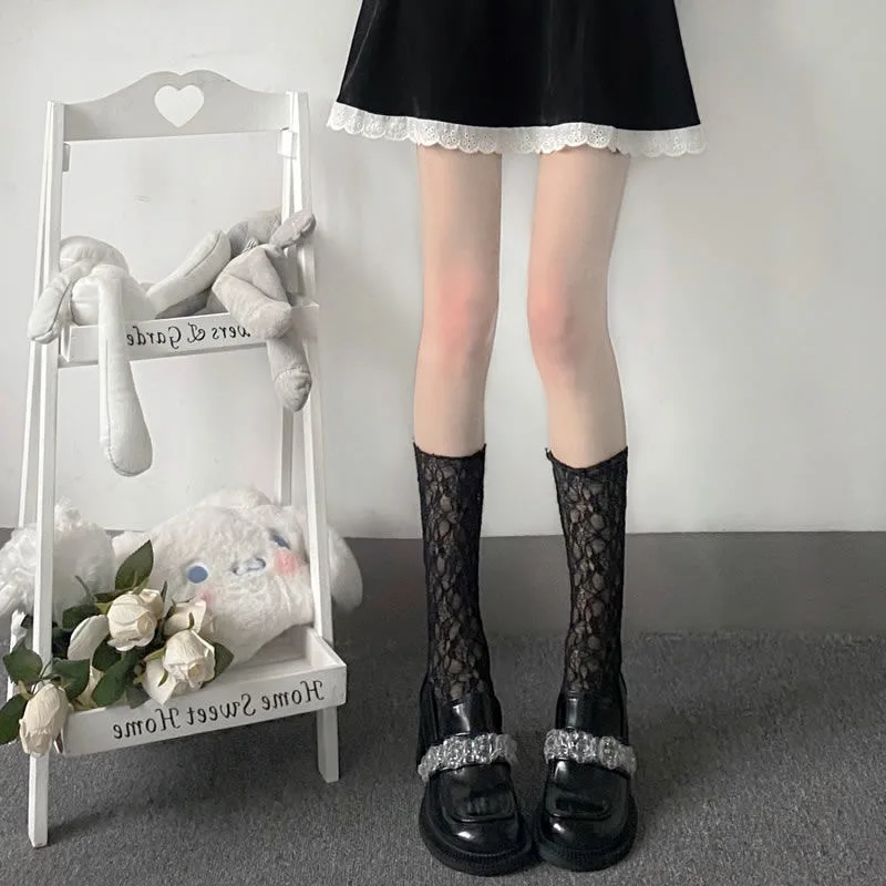 Stockings Woman Summer Thin Lace Hollow White Thigh High Lolita Socks for Women JK Cute Black Long Stockings