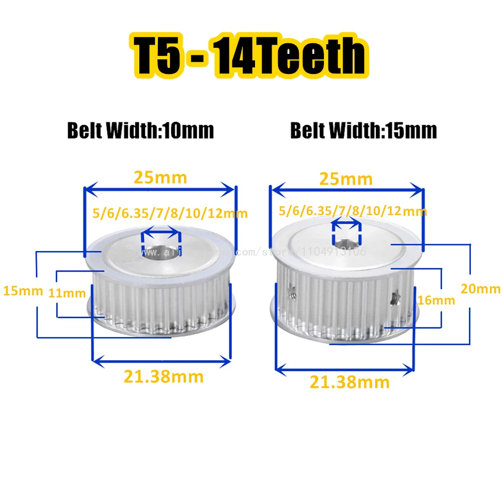 14Teeth T5 Timing Pulley For Belt Width 10/15mm T5 Alloy Wheels AF Shape Pitch 5mm Synchronous Pulleys Bore 5/6/6.35/7/8/10/12mm