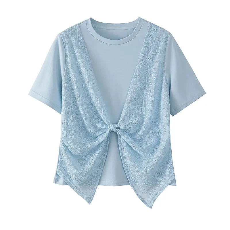 

Plus Size Women Lace Patchwork T-shirt Butterfly Knot Short Sleeve Casual Summer Top