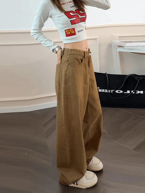 

Мужские джинсы цвета хаки в американском стиле ретро, свободные прямые брюки с высокой талией, утягивающие широкие брюки, повседневные брюки прямого кроя