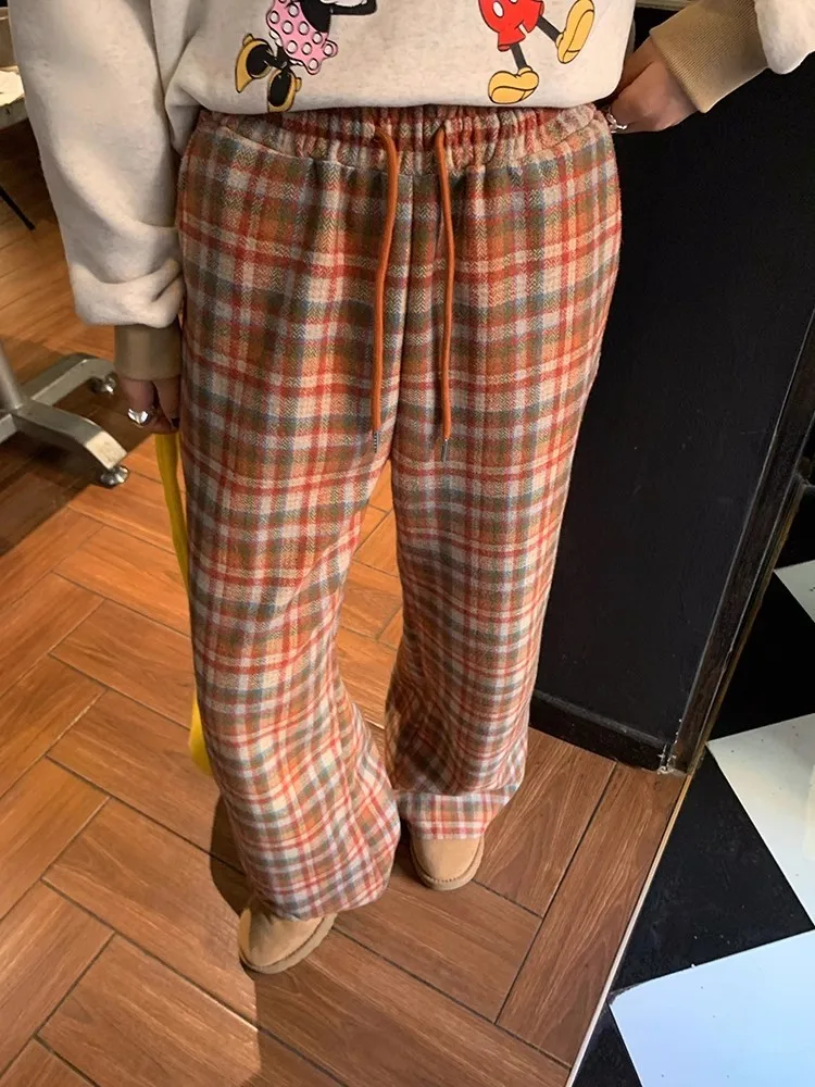 Women Autumn Winter Fleece Liner Causal Pants Drawstring Elastic Waist Straight Trousers Ladies Vintage Loose Fit Plaid Pants
