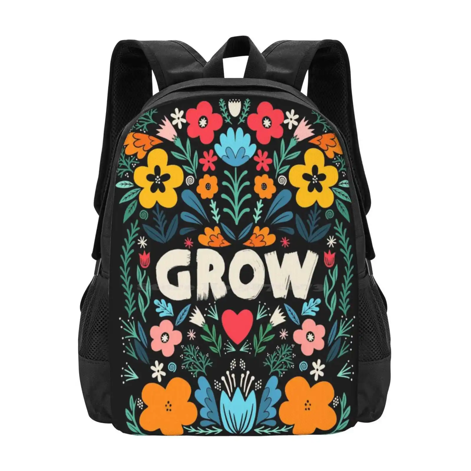 Grow Garden 3d Print Design Backpack Student Bag Garden Flowers Grow Floral Lettering Quote Type Typography