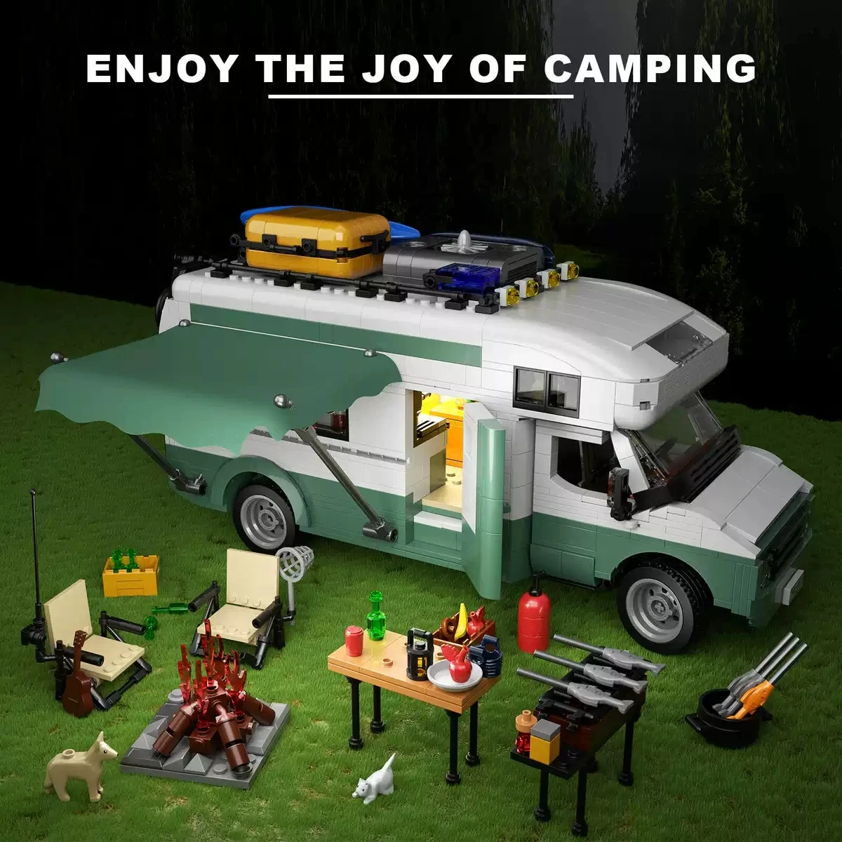 1586Pcs LED Light Camper Van Building Blocks Camping RV Car Model Bricks Outdoor Scene Diorama Toy for Adults