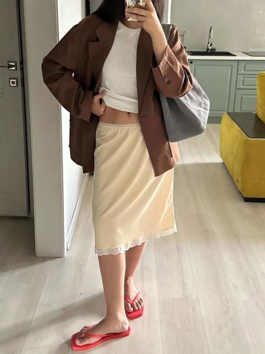 Новая мода атласная юбка-миди платье женская новая кружевная лоскутная элегантная юбка осень с высокой талией однотонная кружевная юбка трапециевидной формы наряды