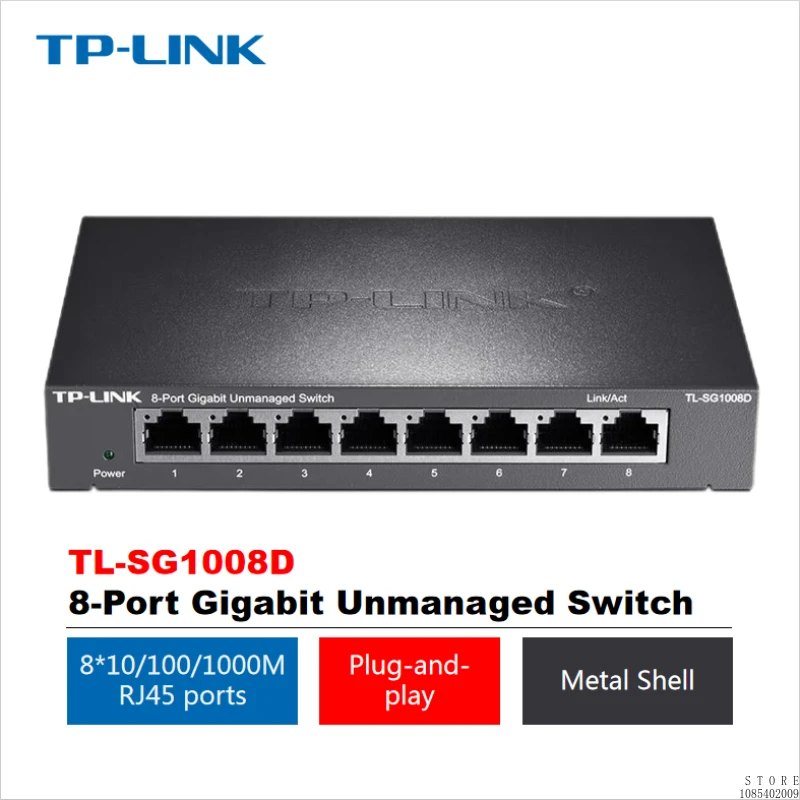 

TP-LINK 8-port Gigabit Unmanaged Network Switch, 10/100/1000M Adaptive RJ45 Port, Monitoring Network Cable Splitter TL-SG1008D