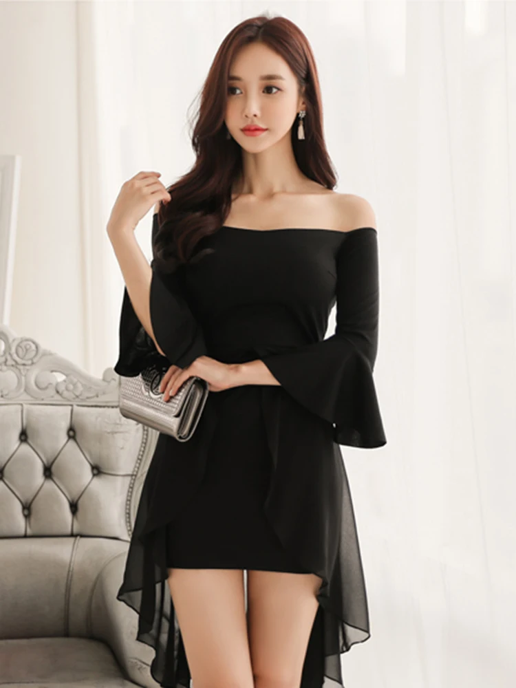 Korean Fashion Black Short Evening Dress Elegant Pretty Women Clothes Chic Sexy Off-Shoulder Slim Mini Party Prom Mujer Vestidos