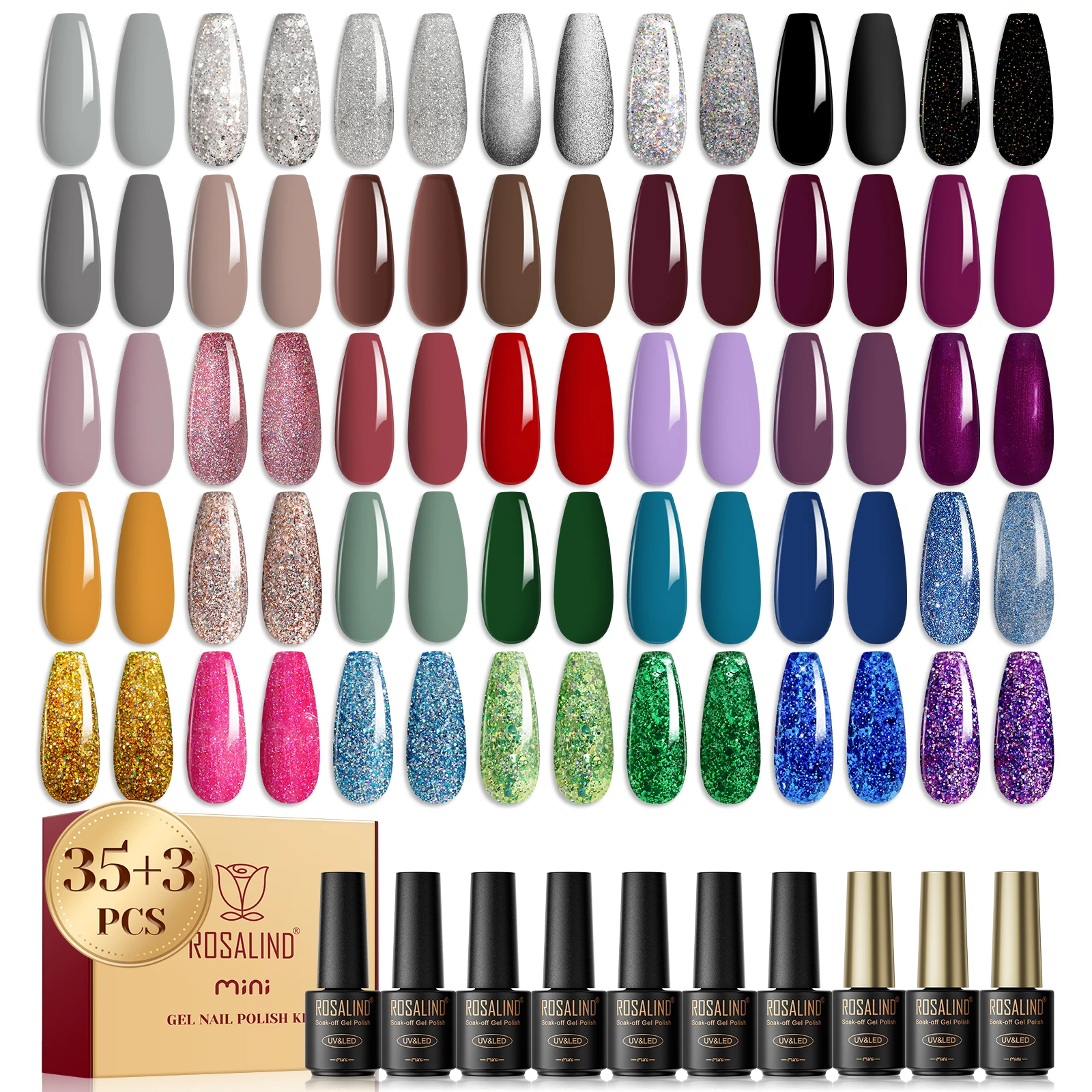 Rosalind-Juego de pegamento para uñas en gel, 38 unidades/juego, esmalte de uñas de color gel, traje de uñas brillante con parte inferior, lámpara UV para uñas, kit de uñas DIY.