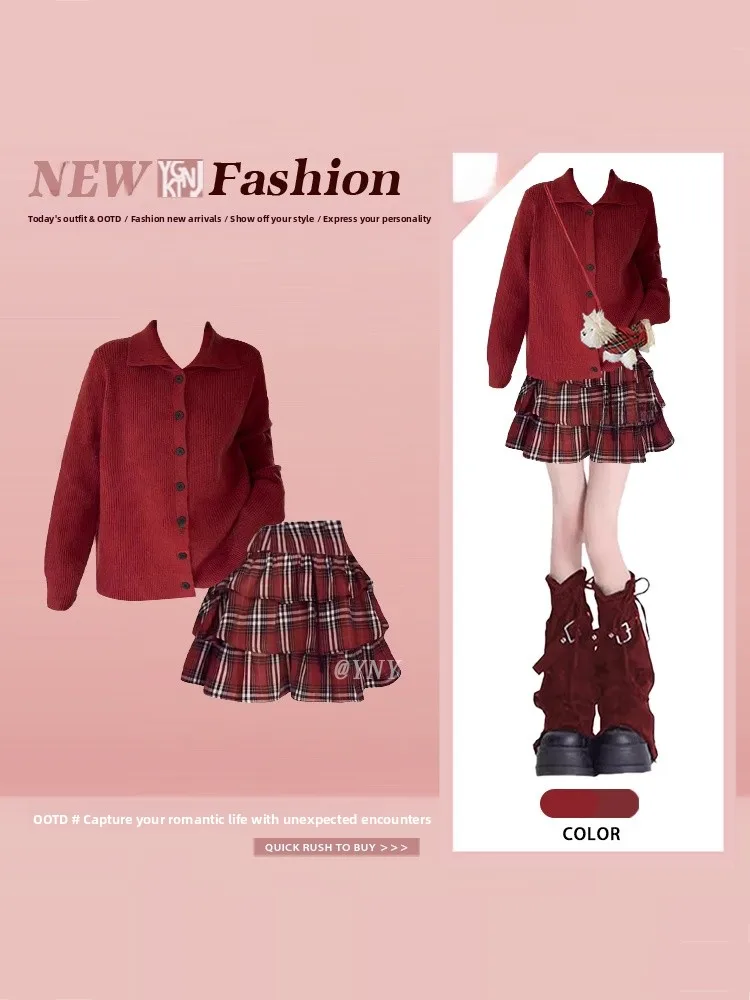 

Preppy Knitted Cardigan And Plaid Skirt Two-Piece Set Women's Winter Fashion Korean Style Age-Defying Outfit Short Sleeve Lon...