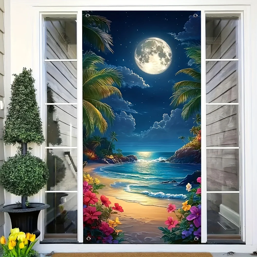 A night view banner curtain for a tropical beach resort island - made of polyester, featuring palm trees and a full moon pattern