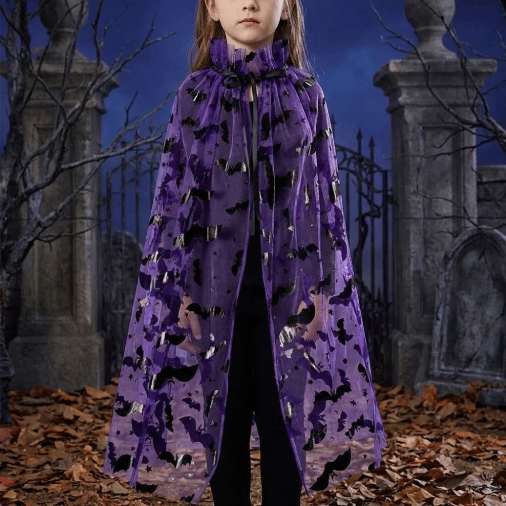 Retro Spider Web Halloween Tulle Cape Bat Long Kids Mesh Cloak Sheer Lightweight Cosplay Bridal Costume Renaissance Party