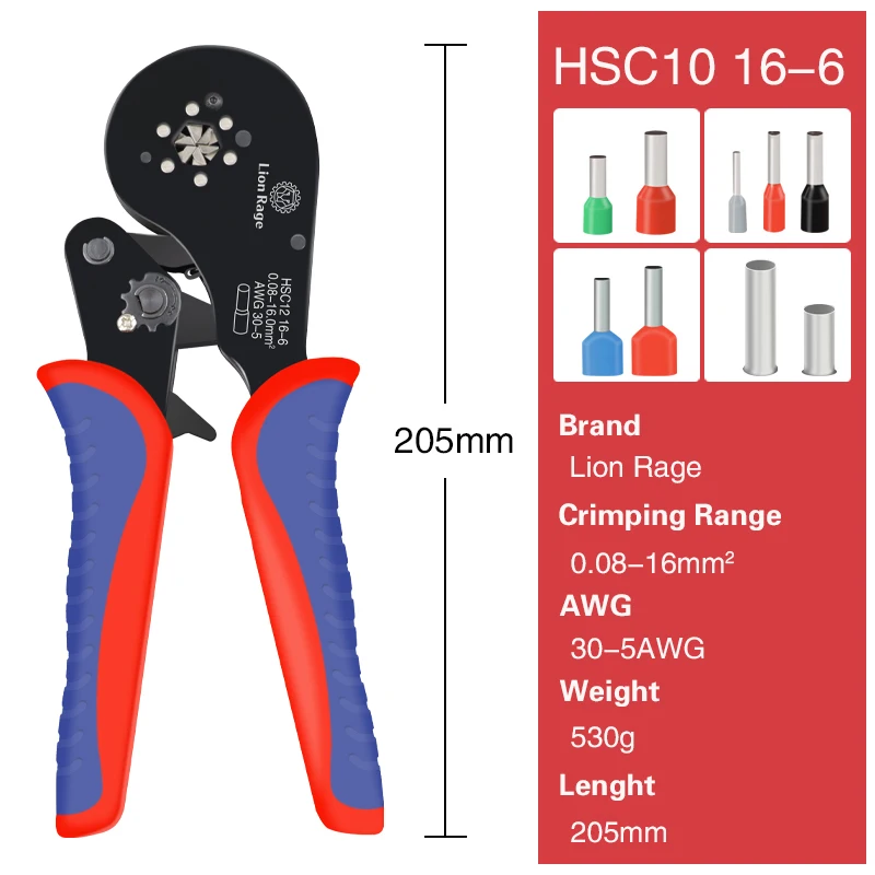 Crimping Pliers Kit Ferrule Sleeves Tubular Terminal Hand Tools 6-4A/10-6A/16-6（0.08-16mm²）Wire Crimper Household Electrical