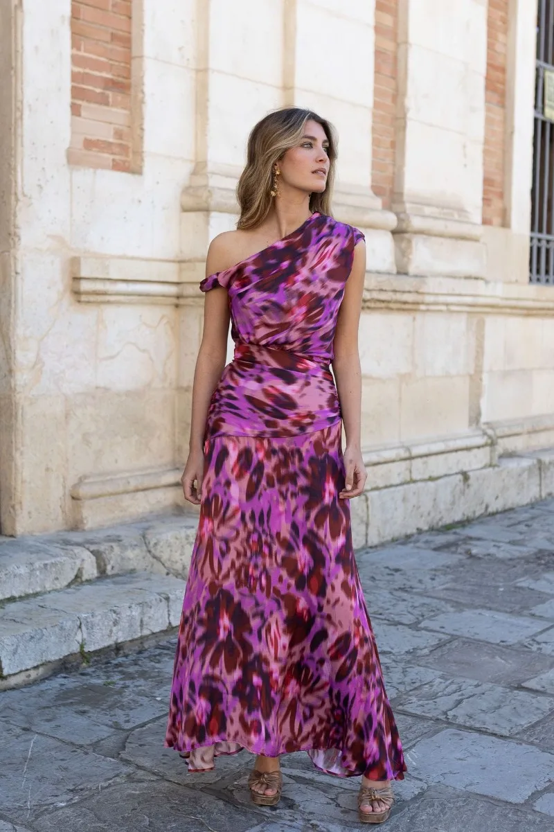 Elegantes Damen Tie-Dye-Print Hochzeitsgast-Maxikleid Schulterfreies Gerafftes Satin Fließendes Cocktailkleid Abendkleid Partykleid – Detail 4