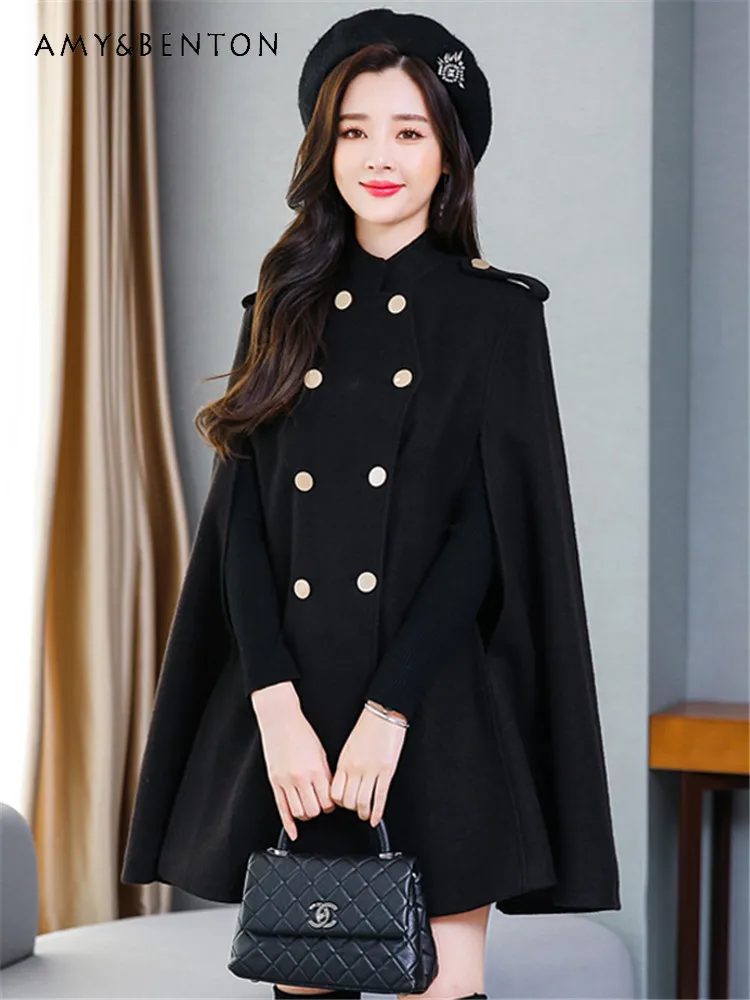 

2023 Autumn and Winter New Fashion Cloak Black Wool Coat Women OL Mid-Length Double-Breasted Coats Loose Soft Elegant Jacket
