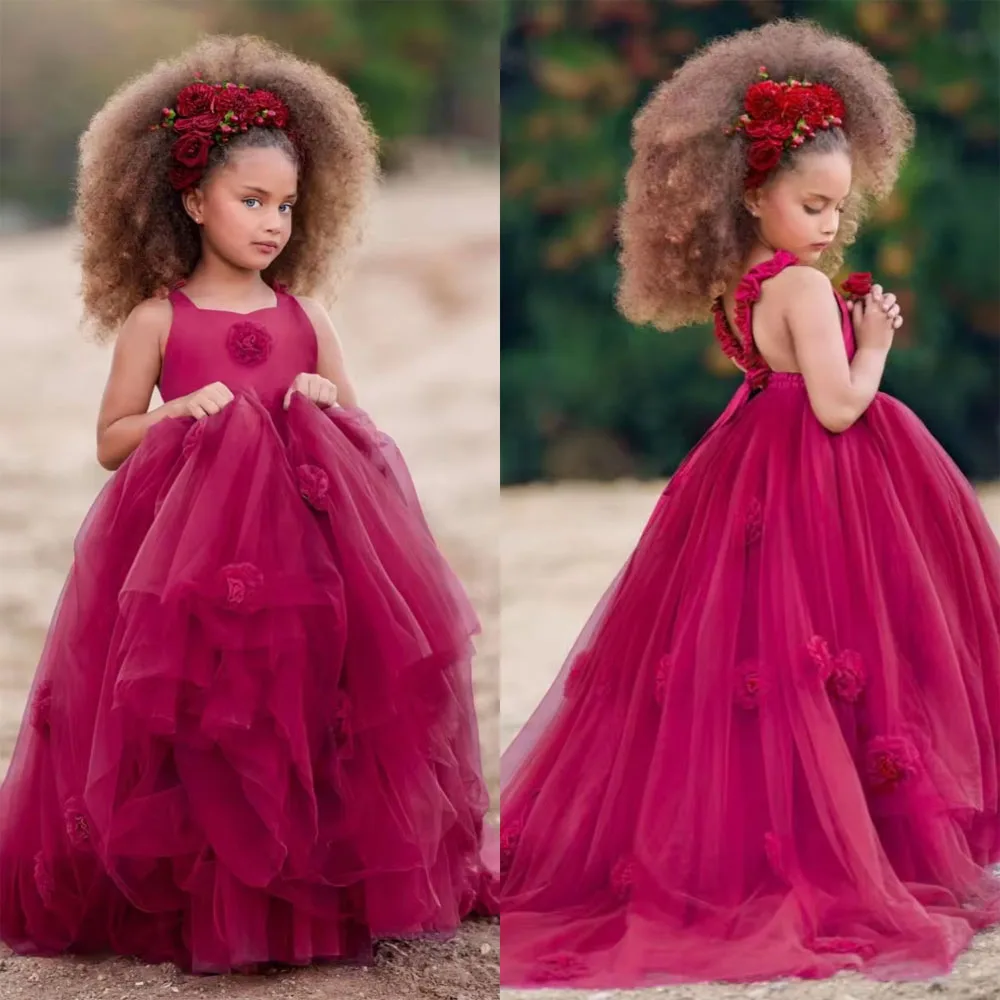 

Wine Red Flower Girl Dress For Wedding Susbenders Tulle Appliques Floor Length Layered Kids Birthday Baby First Communion Gown