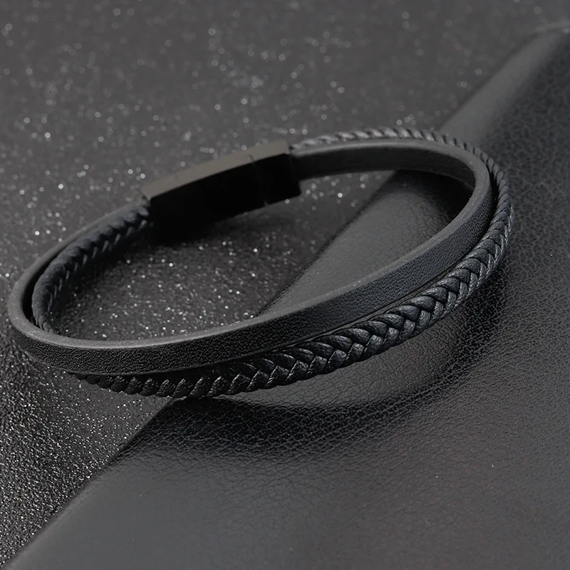 Mens Genuine Leather Bracelet Minimalist Cowhide Bangle Magnetic Clasp Original Design Jewelry Gift for Him