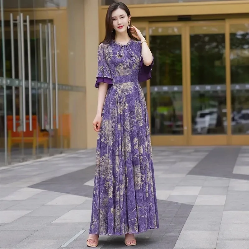 2024 Summer Women Elegant Chiffon Maxi Dresses Fashion Print Purple Dresses Short-Sleeve Bohemia Beach Vacation A-Line Dresses