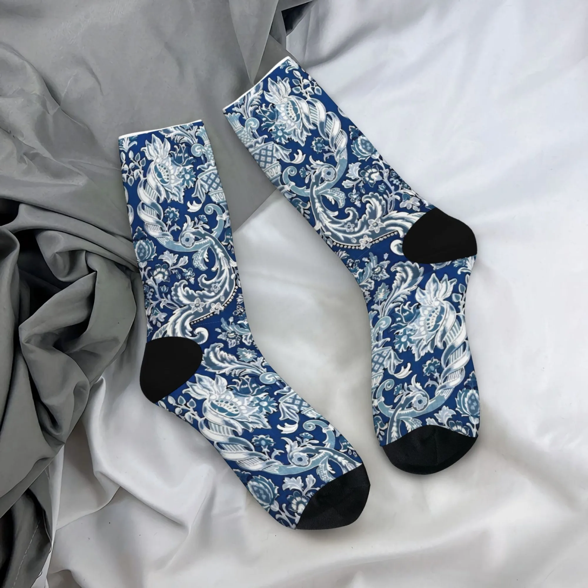 

Blue And White Baroque Socks Intricate Paisley Floral Scrolls Print Hand-Painted Style Mid-Calf Socks for Elegant Style
