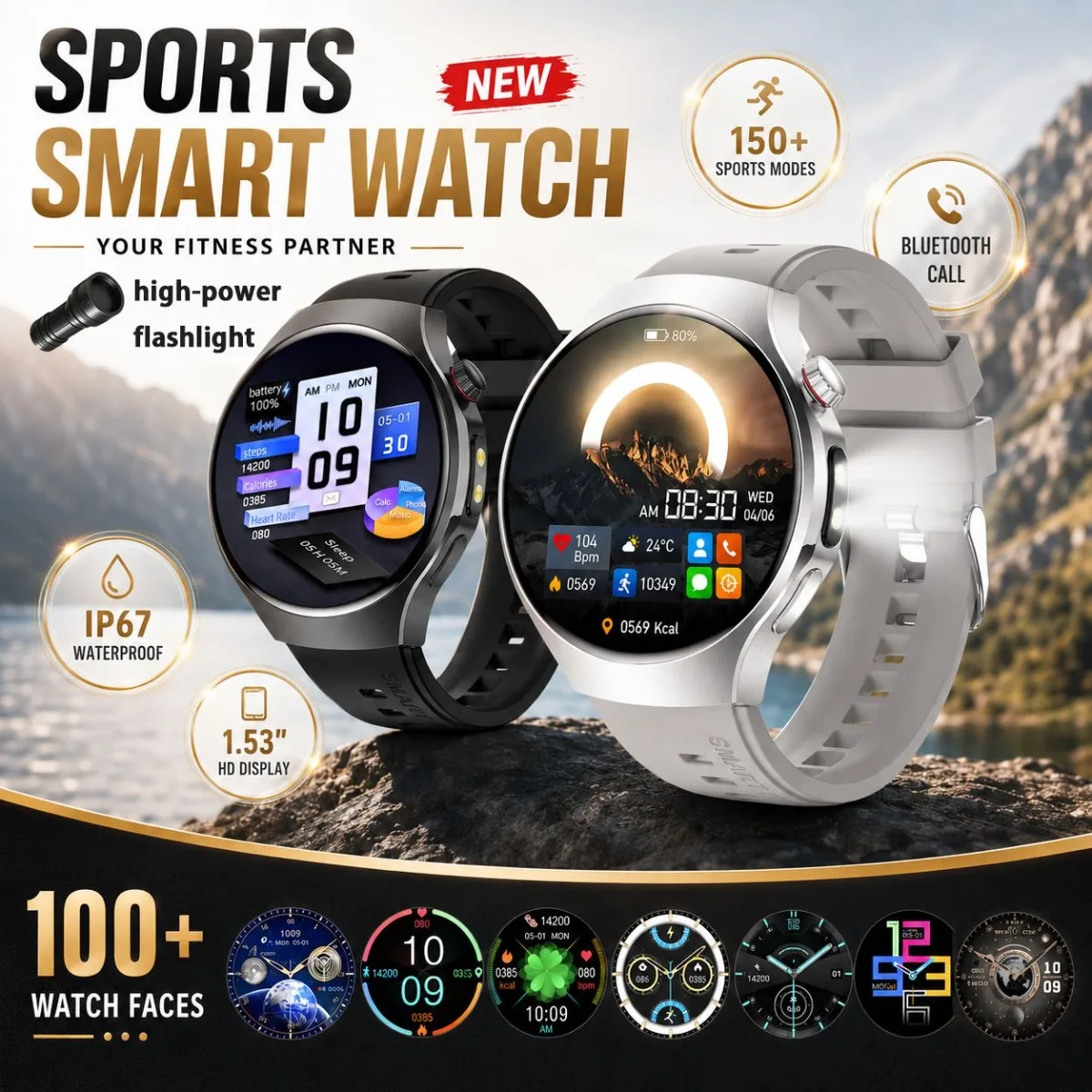 Bluetooth Calls Smart Watch Men: High-power Flashlight Heart Rate Blood Oxygen Sleep Monitoring Sports Mode SmartWatch 2026 New