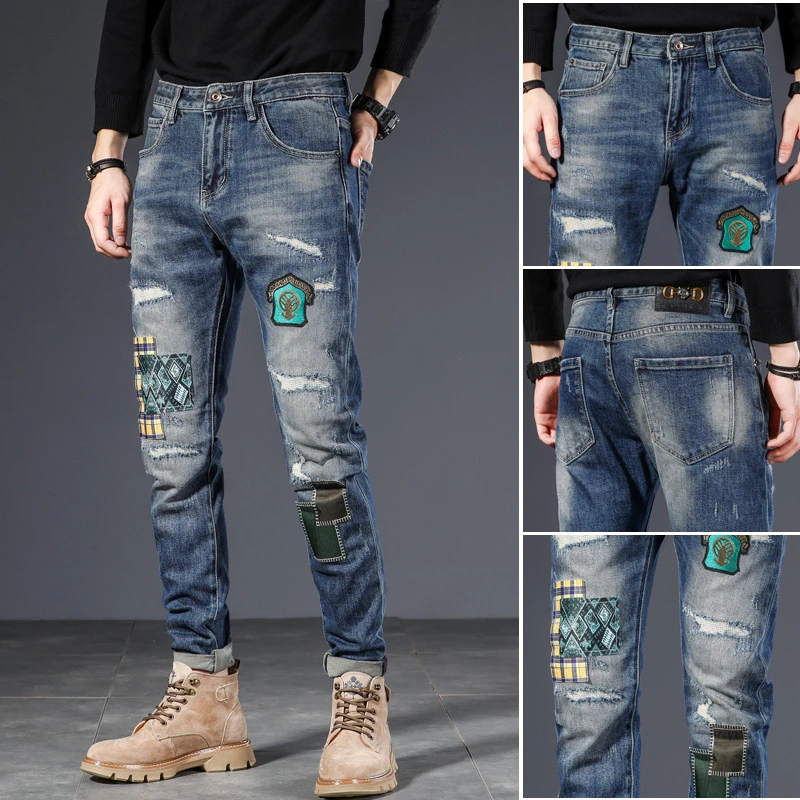 

EH · MD Patch Stitched Jeans Men's Breathable Mesh Cloth Inner Lining Scraped Holes Pants Embroidered Soft Elastic Cat Claw Mark