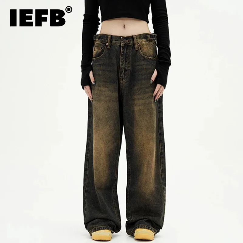 IEFB American Style Men's Jeans Washing Contrast Color Worn-out Trousers Straight Wide Leg Male Denim Pants New Autumn 9C8884