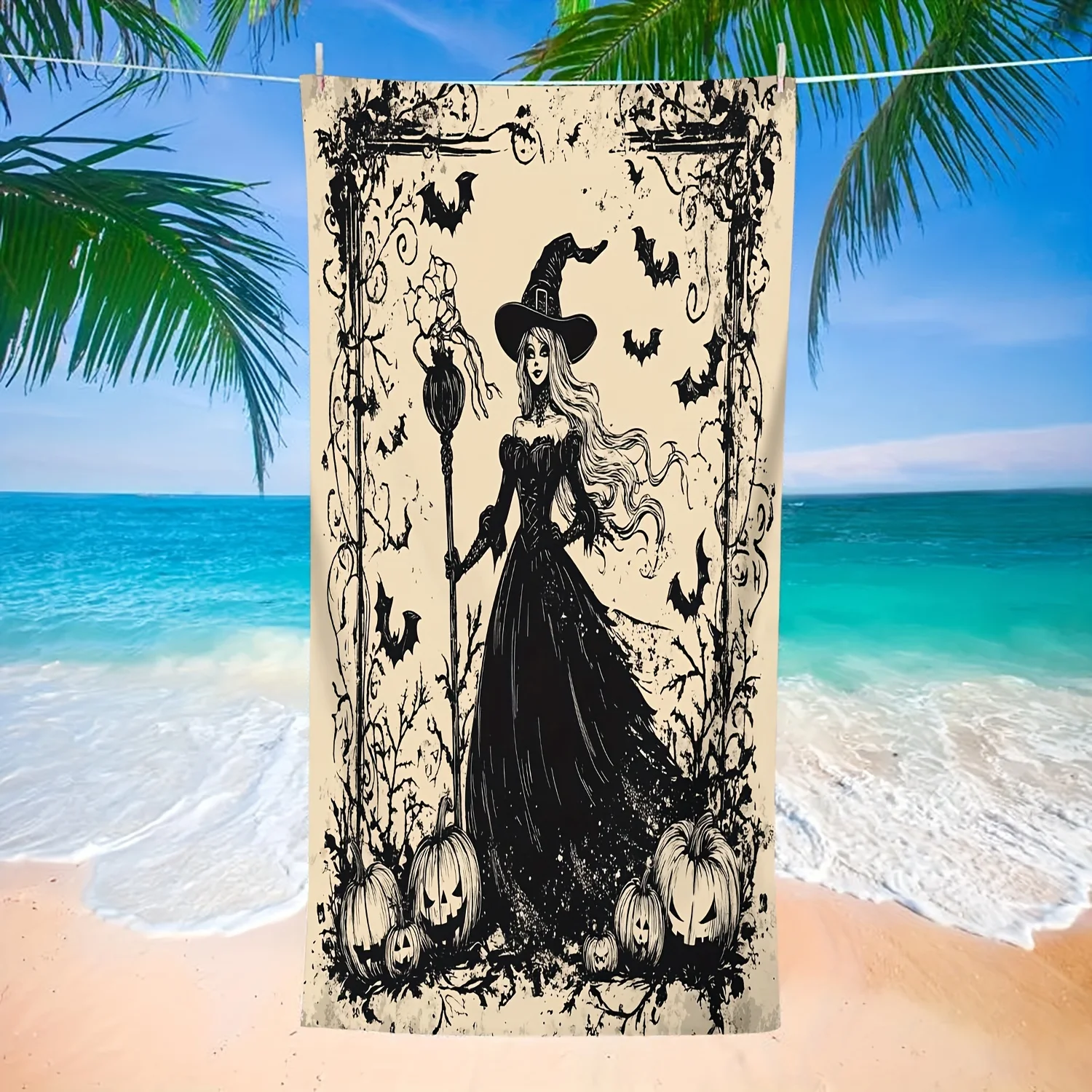 Halloween Wizard Bat Pattern Microfiber Beach Towel, Quick-Dry Absorbent for Spooky Summer Fun