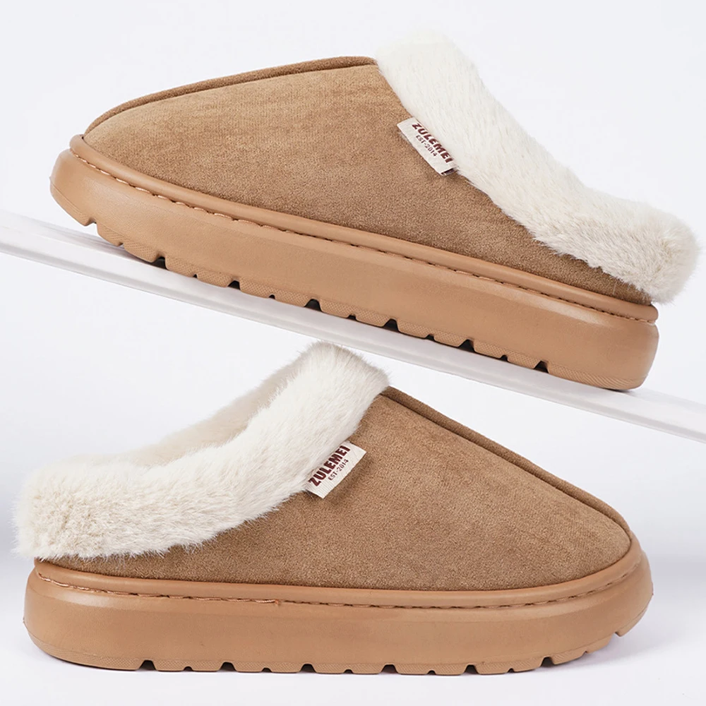 Shevalues Winter Fluffy Women Slippers Fashion Platform Plush Slippers Outdoor Non-slip Cotton Shoes Fuzzy House Cotton Shoes