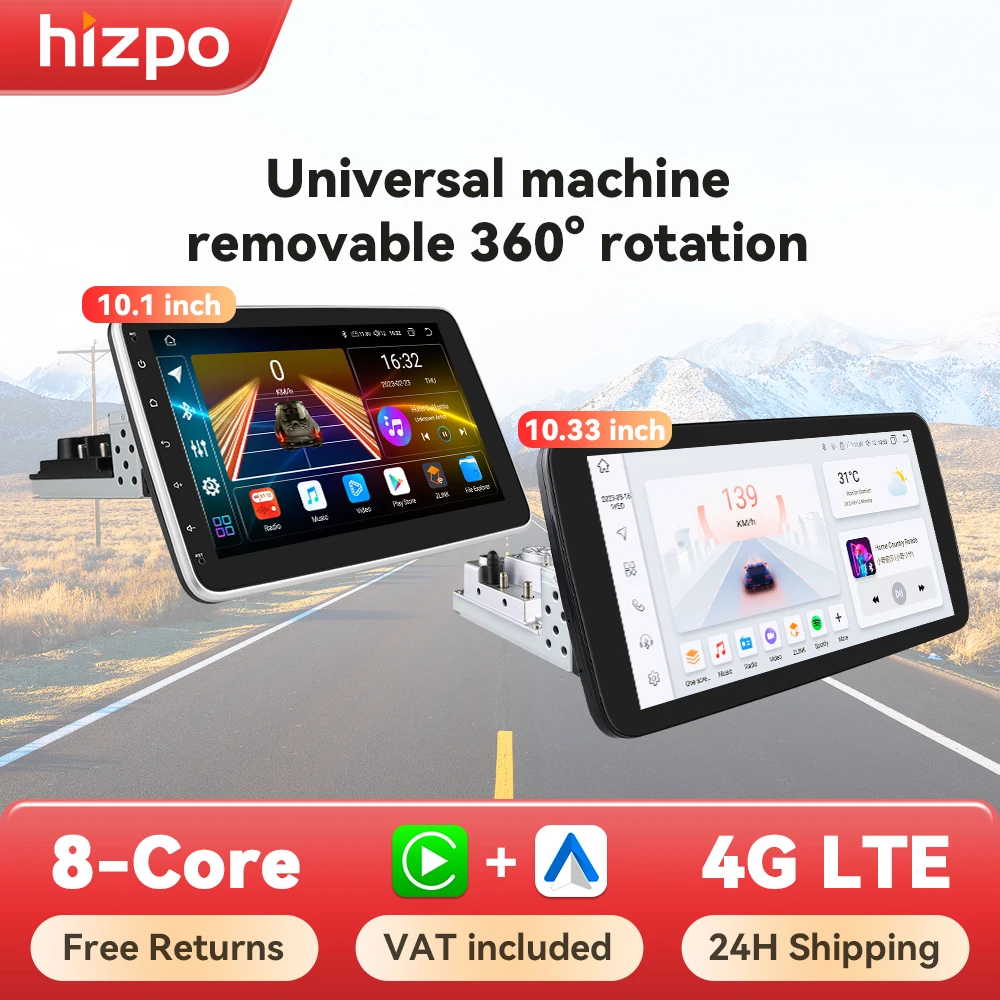 Hizpo Carplay Android Auto Rotatable Touch Screen Universal Radio 1 Din Car Multimedia Player MP5 GPS Autoradio 8 Core 7862S RDS