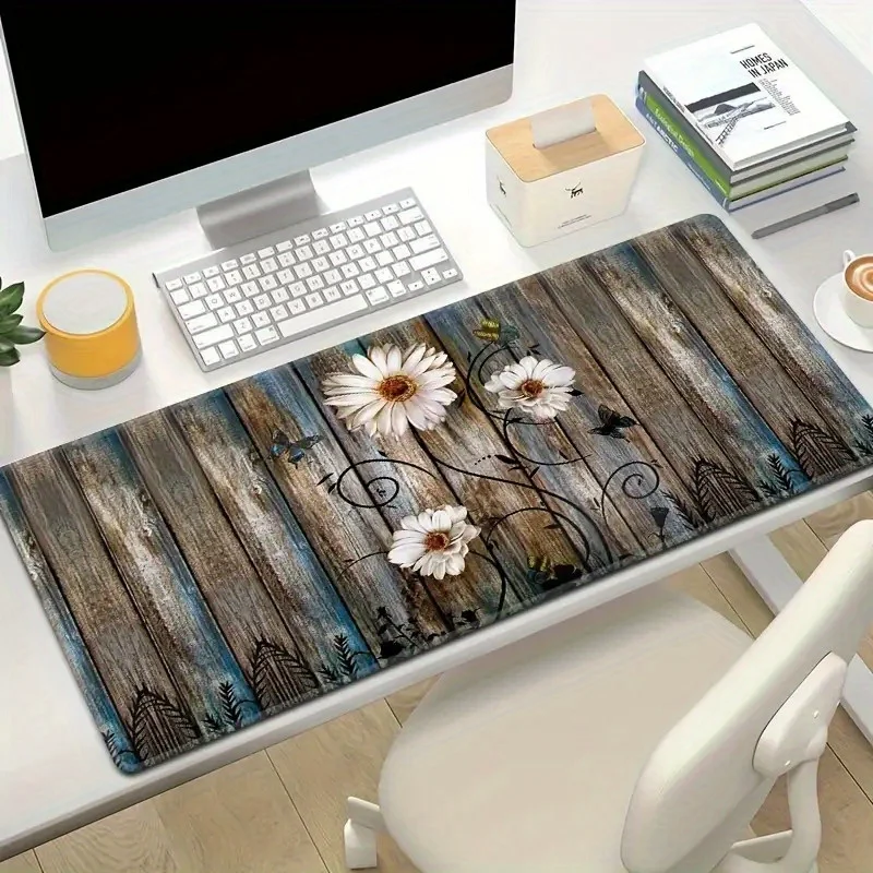 Rustic Wood Daisy Floral Extended Mouse Pad Durable Non-Slip Rubber Desk Mat for Gaming and Office