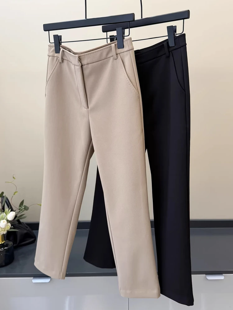 

Warm Fleece Lined Suit Pants for Women Stylish Casual Black Pants Polyester Fiber Natural Waist Zipper Closure Commute Suitable