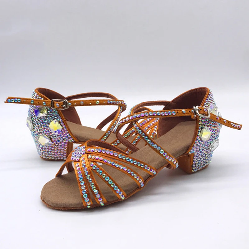 라틴 댄스 성인 어린이 고급 다이아몬드 장식 블랙 풀 삼바 차 탱고 여성용 전문 댄스 신발