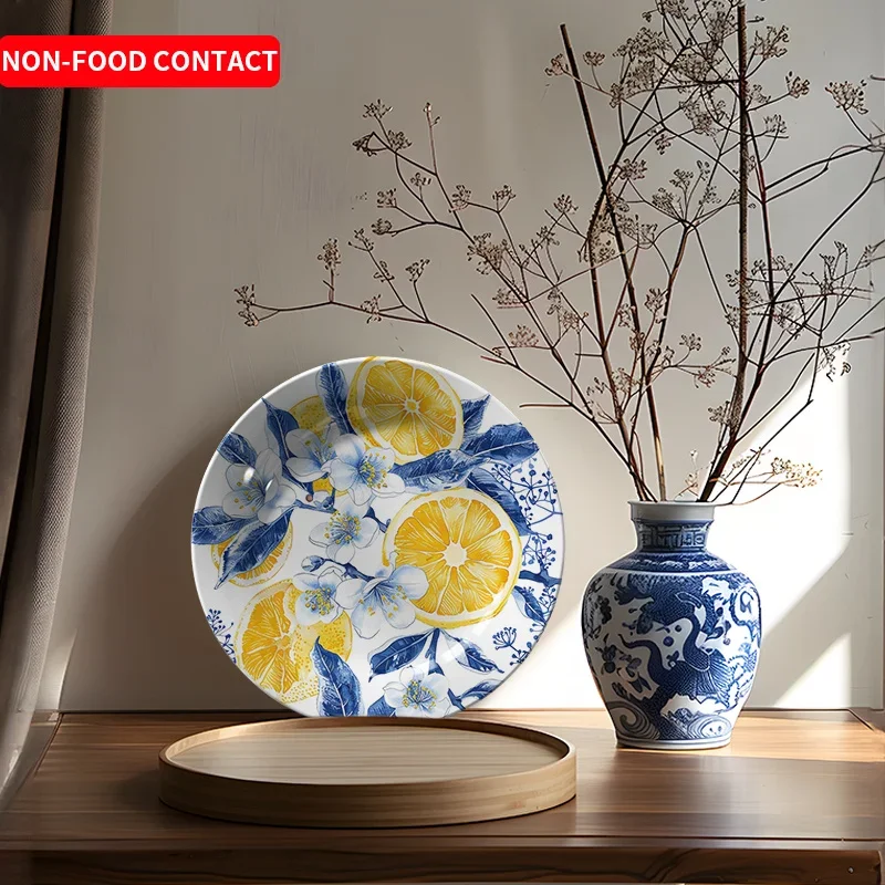 1pc Hand-Painted Ceramic Decorative Plate with Vibrant Orange & Blue Floral Design - Artistic Round Tableware for Dining Room,