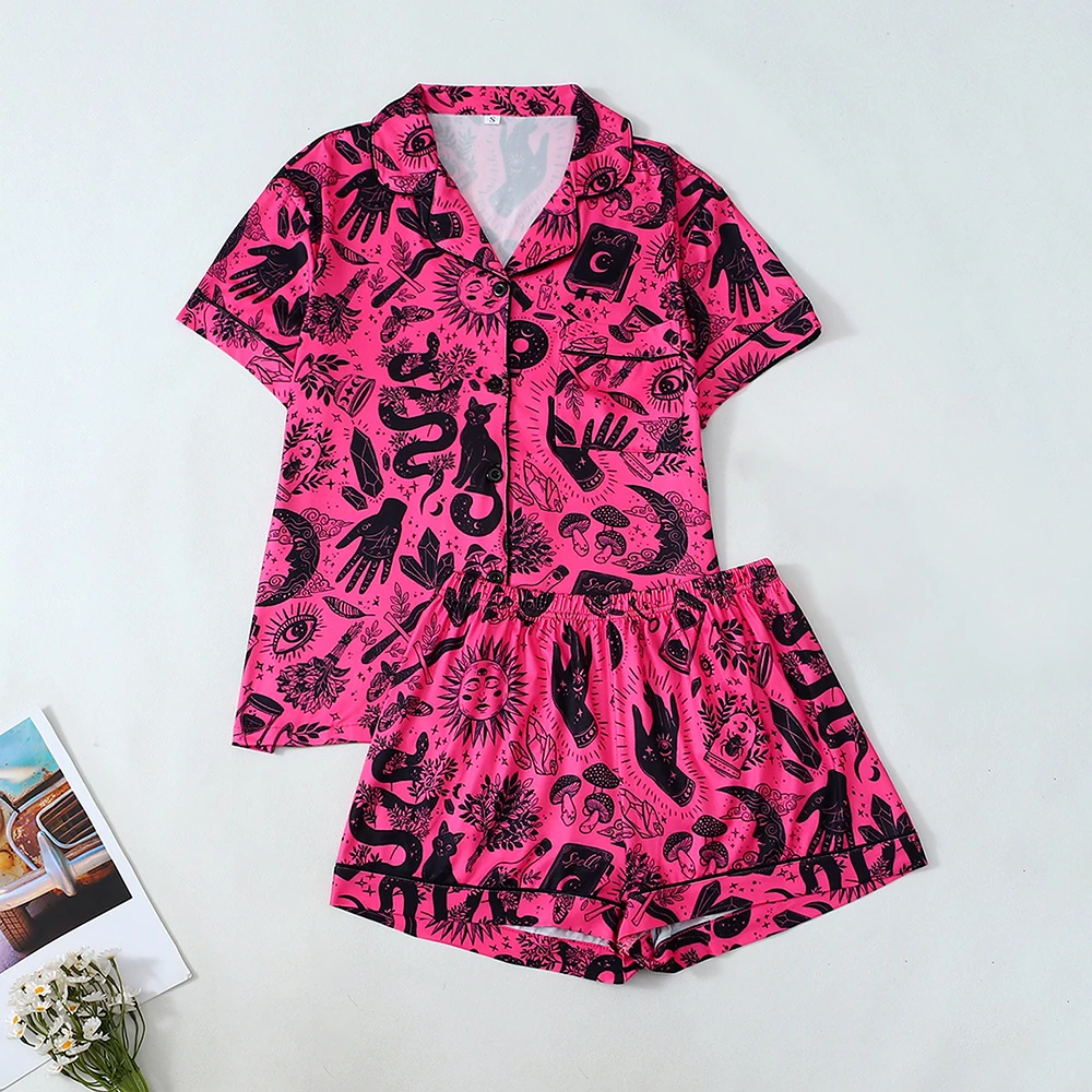 

Пижамный комплект из 2 предметов с лацканами и брюками, летняя свободная удобная одежда для дома, женская домашняя одежда с забавным принтом, рубашка, костюм для отдыха