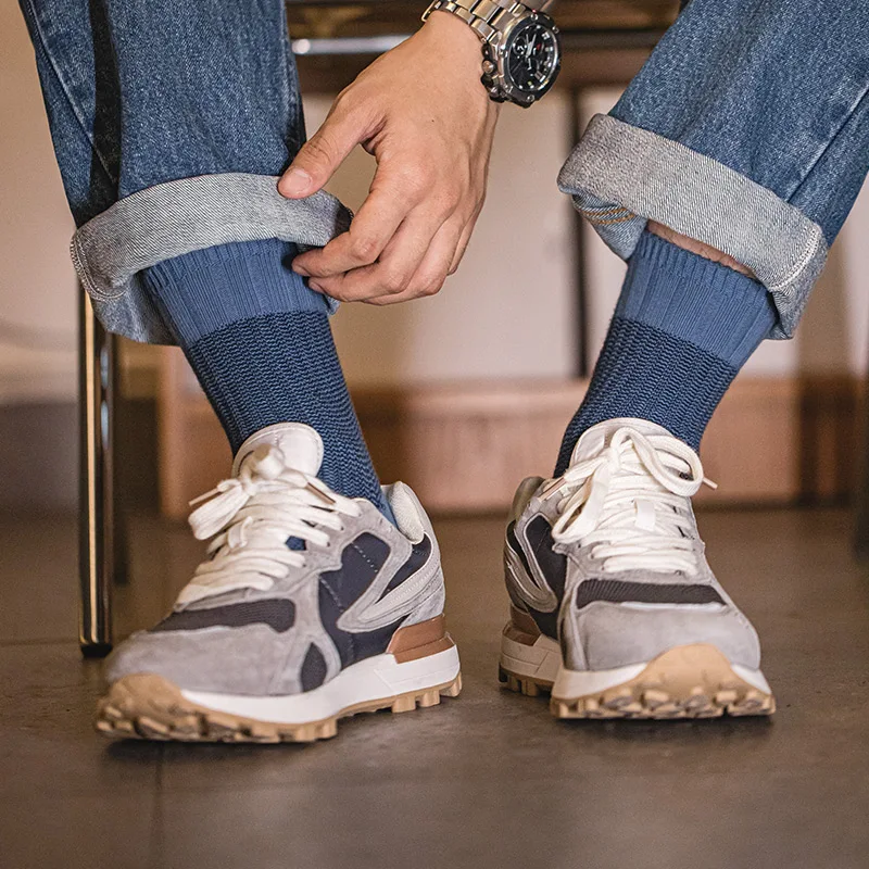 Maden メンズ 1/3/6/9 個レトロコントラストニットミッドカーフソックス通気性太い糸スプライス二本針ロングソックス秋用