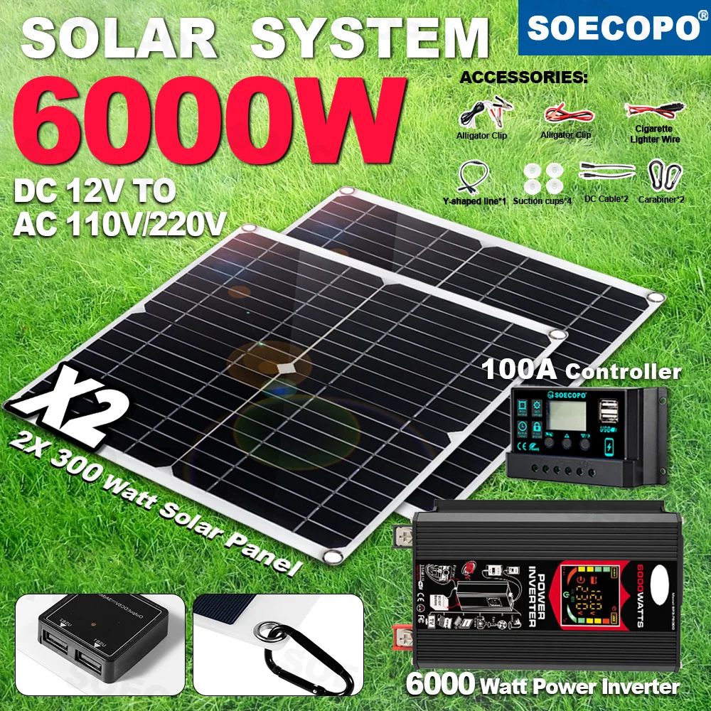 SOECOPO 6000W Solar System Set 2×300W Panels Inverter (DC 12V to AC 110V/220V), 100A Controller & Accessories Camping Home
