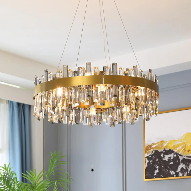 

Modern Luxury Crystal Chandelier Living Room Lamp Atmospheric Smoke Gray Crystal Dining Room Round Bedroom Lamp