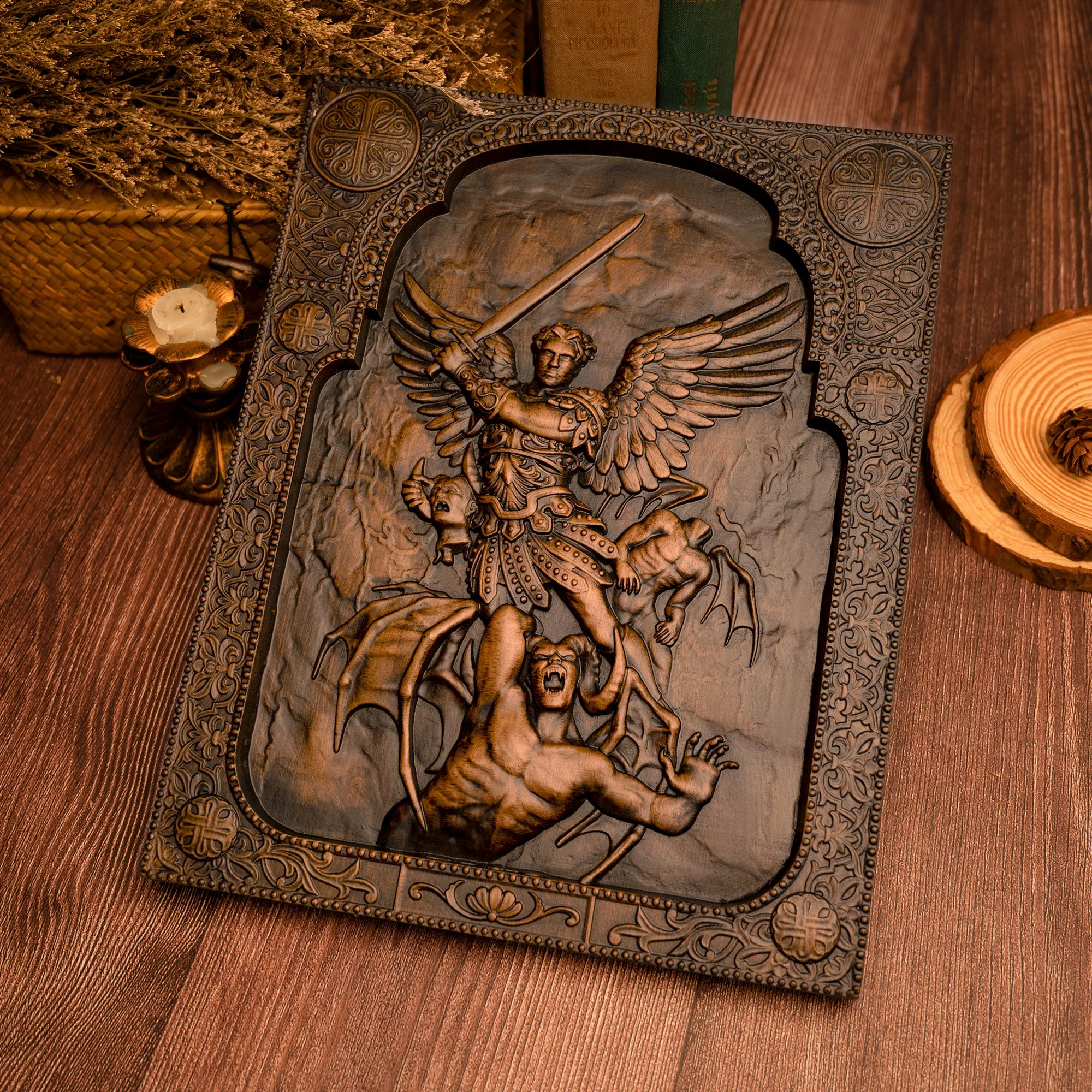 Hand Carved Vintage Saint Michael Archangel Icon, Warrior Angel Slaying Demons Wooden Relief Panel, Orthodox Catholic Religious