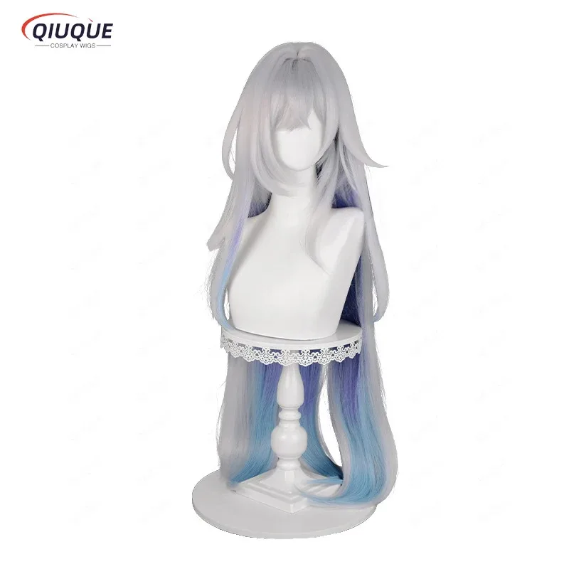 LQGame Impact Skirk 코스프레 가발 긴 실버 화이트 블루 그라데이션 내열성 합성 머리카락 애니메이션 가발 + 가발 모자