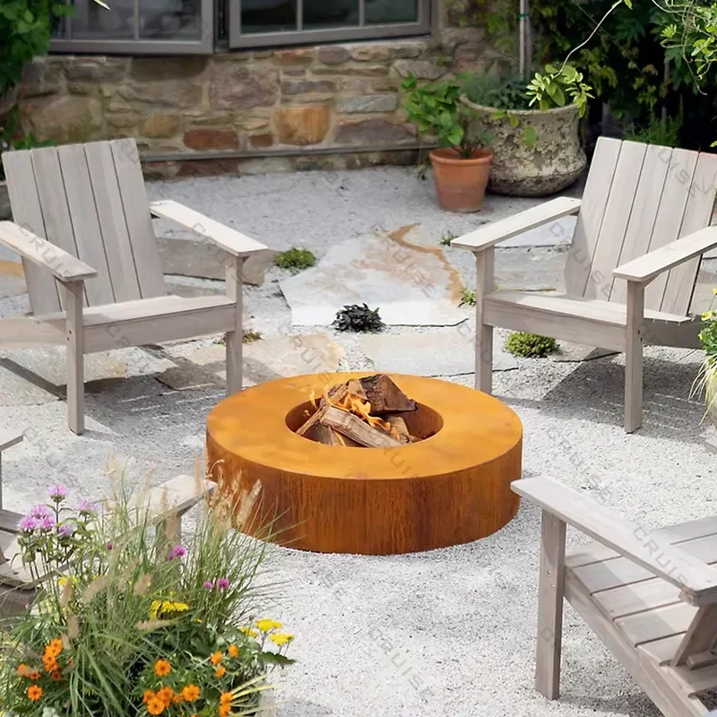 1200mm Round Rust Iron Wood Burning Fire Pit Outdoor Garden Patio Heater Alcohol Gas Stove Table for Camping Backyard Party