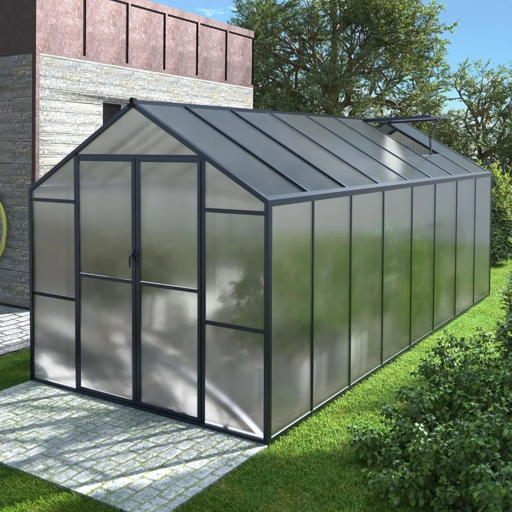 

8x16 FT Greenhouse with Adjustable Roof Vent and Lockable Door, Winter Outdoor Walk-in Polycarbonate Aluminum Greenhouse