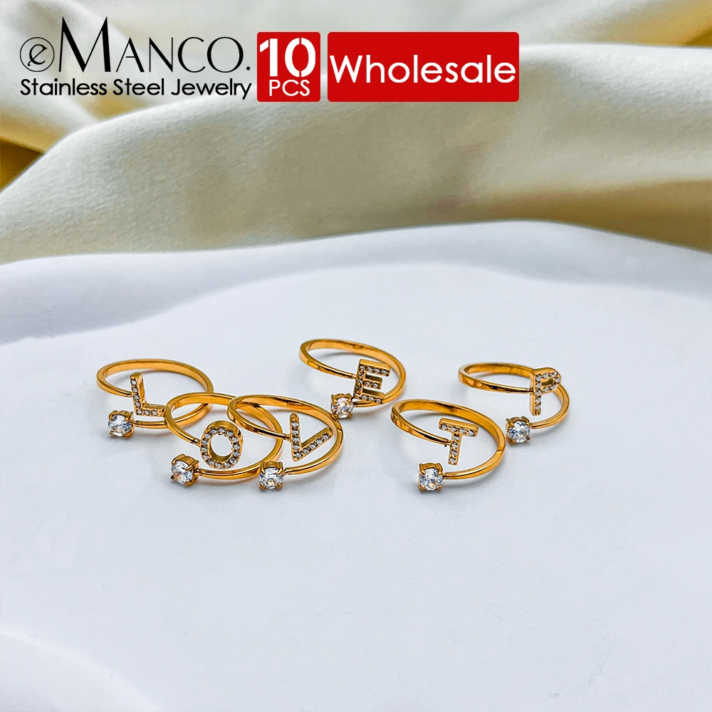 

eManco 10PCS Women's Fashion Jewelry Classic Stainless Steel Gold Plated Shiny Zirconia A-Z 26 Letters Ring Wholesale