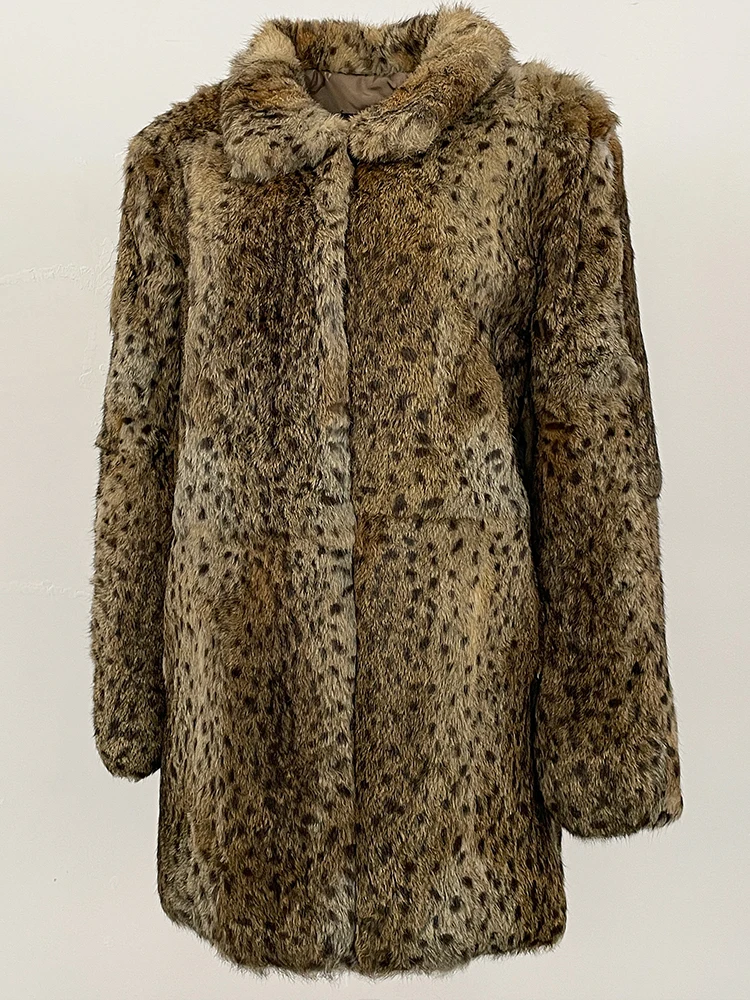 2025 New Autumn Winter Clothing Women Leopard Real Rabbbit Fur Jacket Fashion Warm Medium Length Natural Coat Lady Female